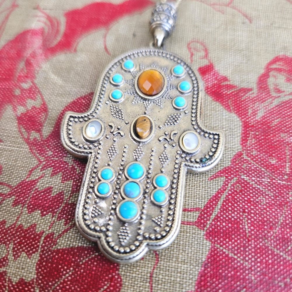Lucky Brand Hamsa Hand Pendant Necklace Silver Tone Turquoise Tigers Eye Boho - Picture 3 of 6